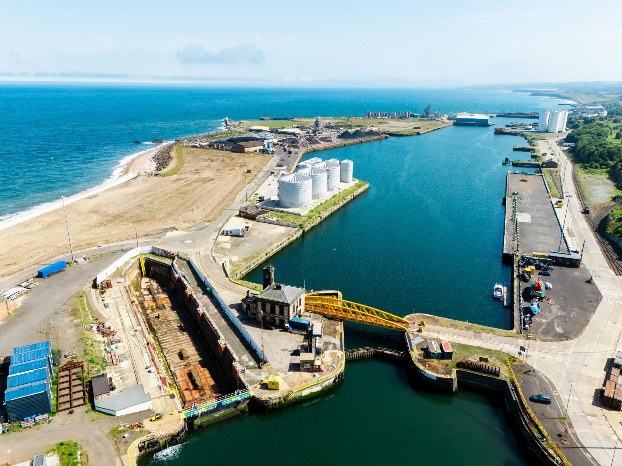 Aerial view of Port of Sunderland industrial harbor area
